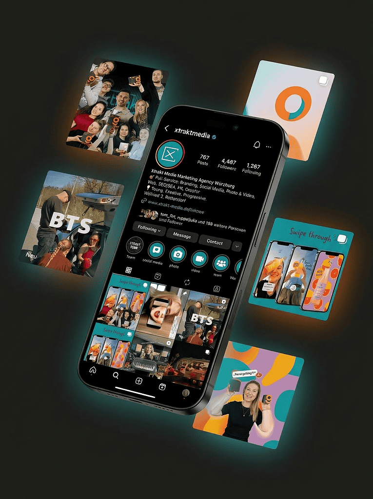 Grafik mit einem Iphone auf der die Instagram-Seite von xtrakt media angezeigt ist